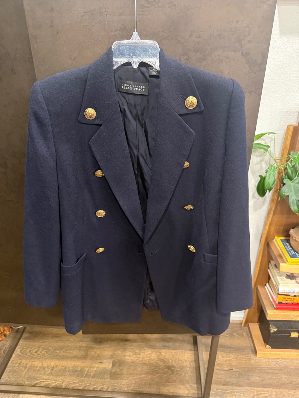 Ellen Tracy Navy Double-Breasted Blazer with Gold Buttons 100% Wool